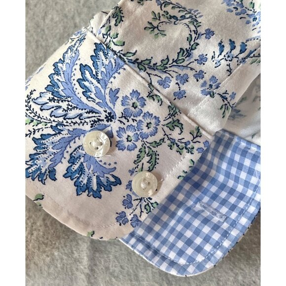 Chaps Black Label Womens M No Iron Blue White Floral Button Shirt Logo Buttons - Picture 11 of 16